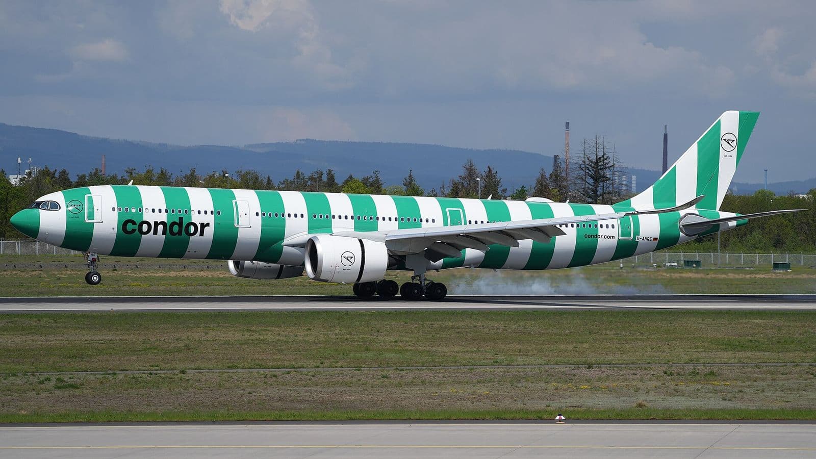 Condor Airbus A330-900 landing, in its green-striped livery